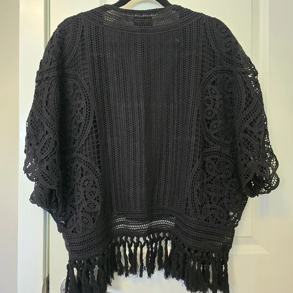 Greylin Anthropolgie Black Crochet Fringe Cardigan Size Small - Picture 5 of 15